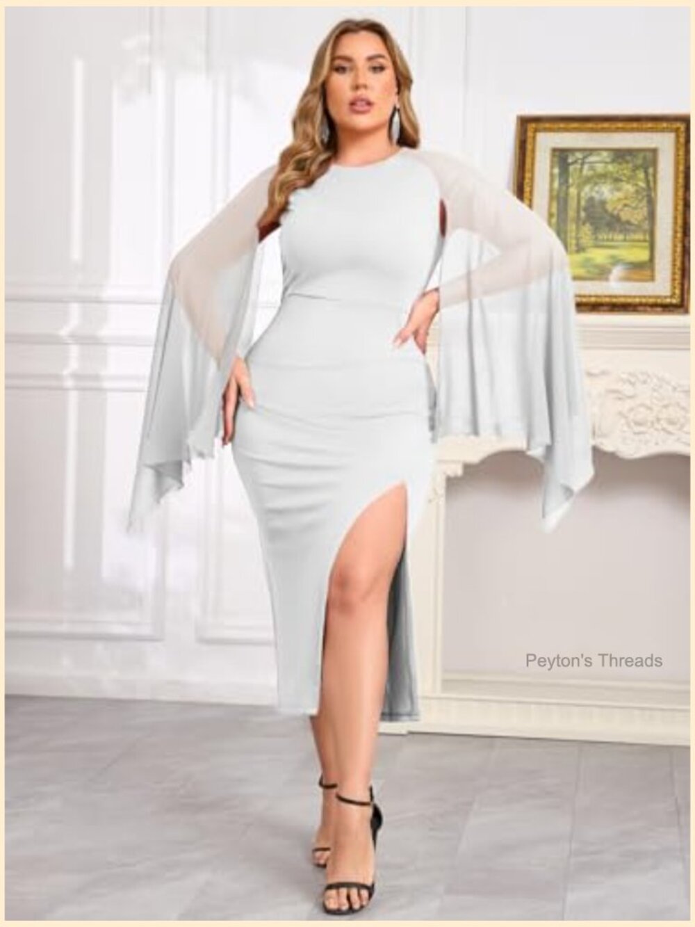 High Split Flare Sleeve Maxi Dress with Cape Cocktail Party - Picture 4 of 7
